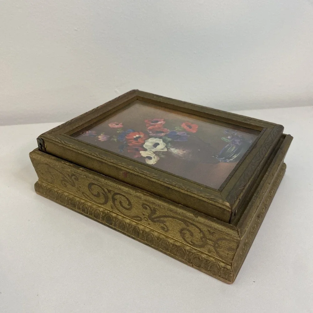 Vintage Wood Vanity Dresser Gold Jewelry Box Mirror 5x6